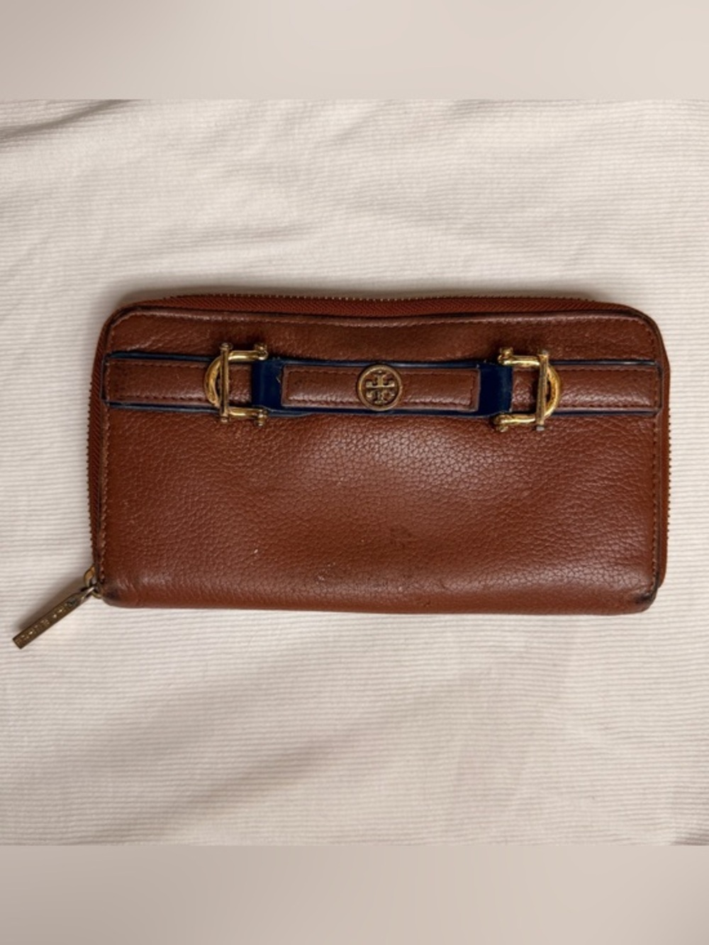 Tory Burch Brown Leather Zip Wallet with Navy Accent and Gold Hardware